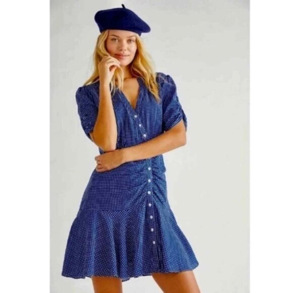 Free People Pippa Mini Dress Blue and White Check Size L 37804 - Picture 1 of 9